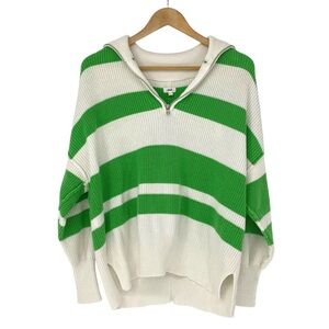 aerie oversized green & white rugby striped sweater zippered collar wms sz XS